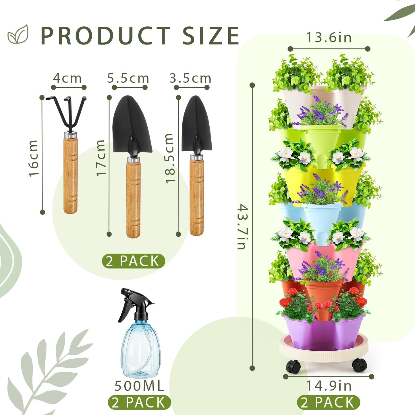 Set(2) of 7 Tier Vertical Planter Tower with Removable Wheels and Tools