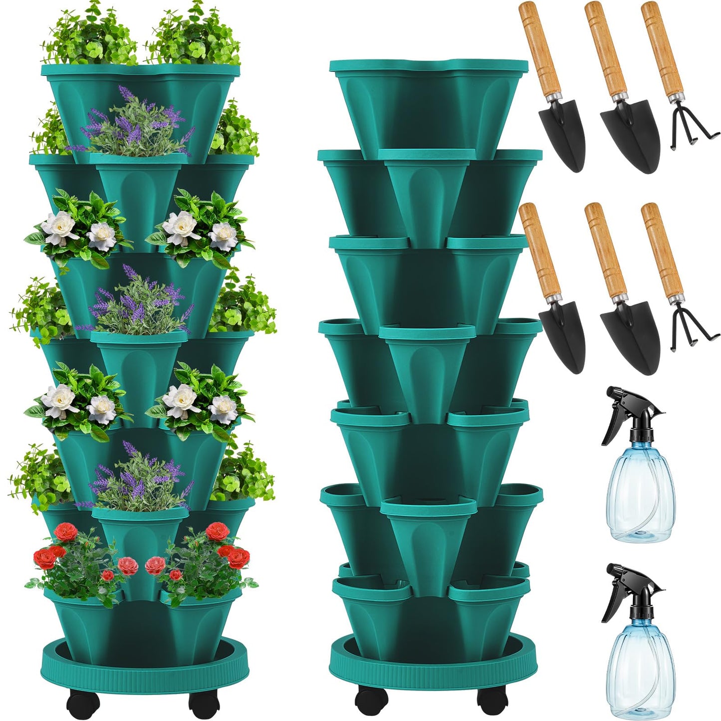 Set(2) of 7 Tier Vertical Planter Tower with Removable Wheels and Tools