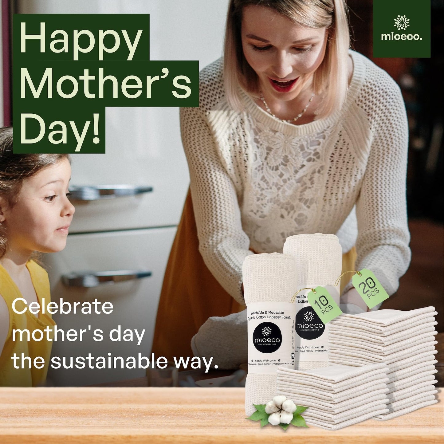 24 Pack Multicolored Reusable Paper Towels - Organic Cotton -