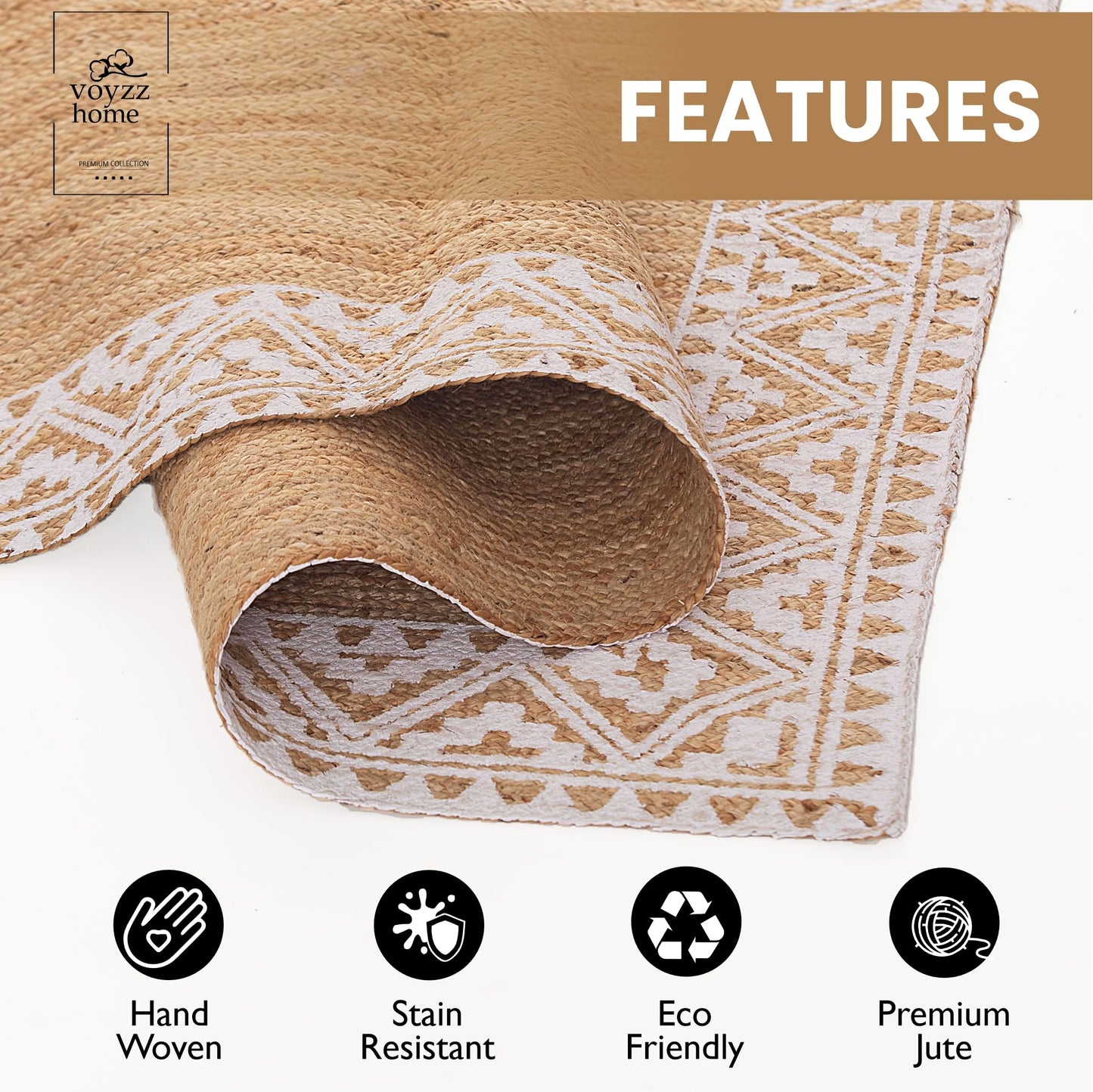 Premium Quality Jute Braided Area Rug, Stain Resistance, Natural Handmade