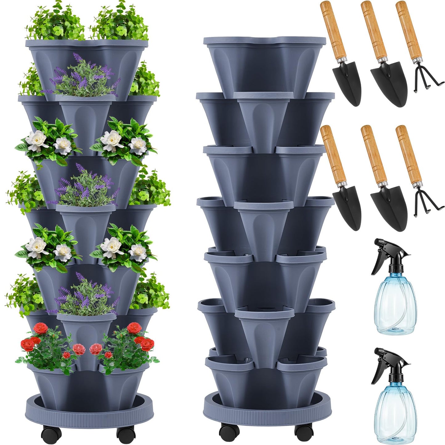 Set(2) of 7 Tier Vertical Planter Tower with Removable Wheels and Tools