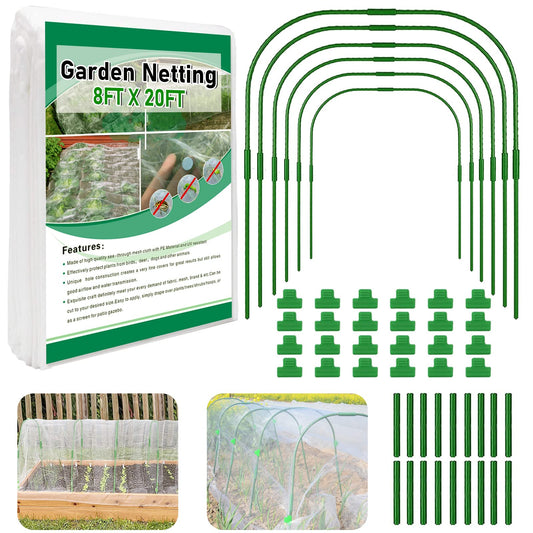 Garden Netting Kit, Garden Netting Kit for Raised Beds - 6pcs Garden Hoops with 8x20 ft Ultra Fine Garden Netting & 24 Clips, Protection Plant Covers for Greenhouse Vegetable Row Cover Bird