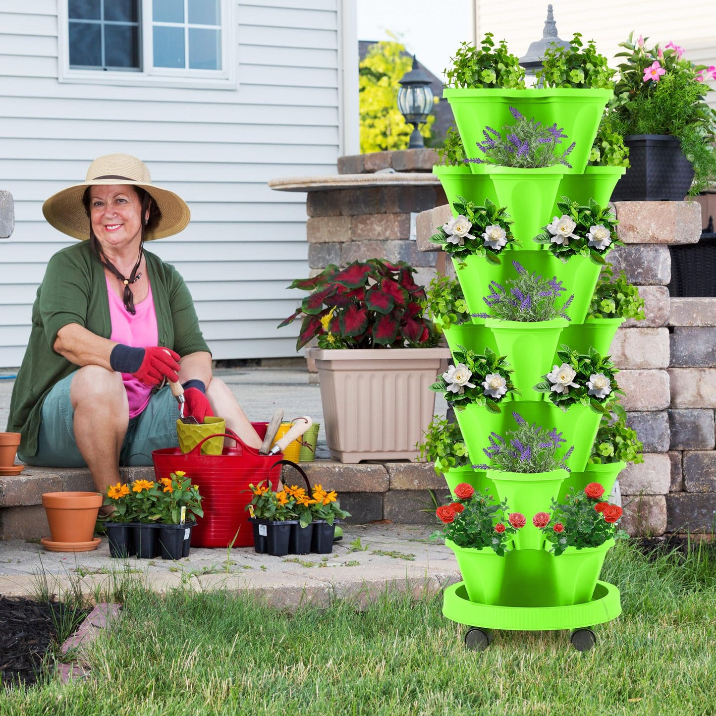 Set(2) of 7 Tier Vertical Planter Tower with Removable Wheels and Tools