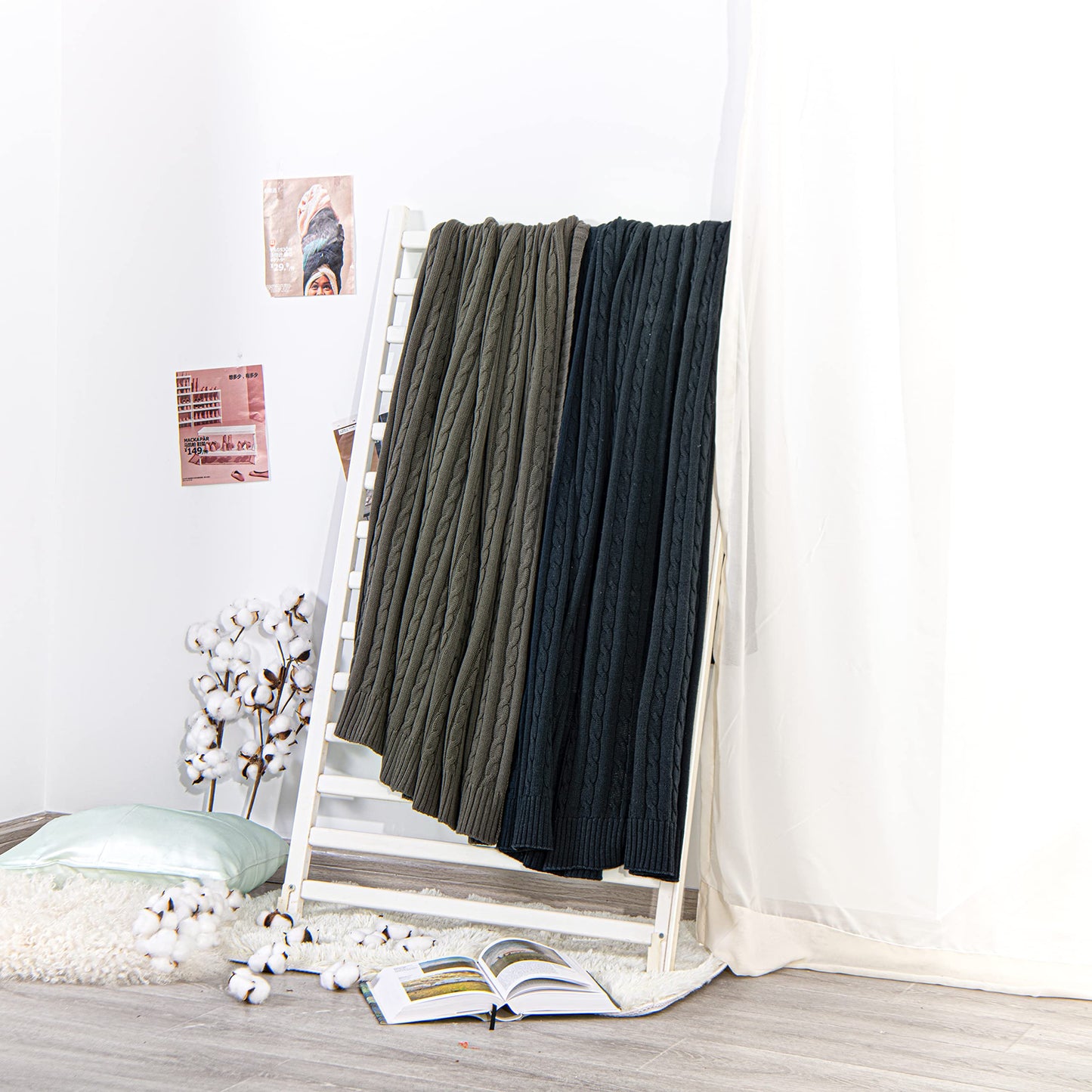 100% Pure Cotton Cable Knitted Super Soft Throw Blanket