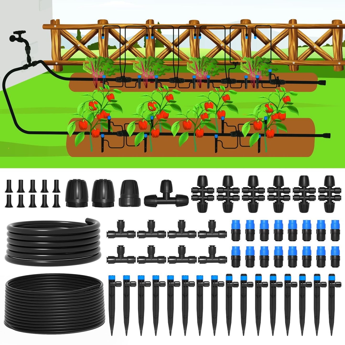 230FT Quick-Connect Drip Irrigation System Kit, with 1/4" & 1/2" Fast-Lock Tubing - Adjustable Nozzles & Sprinklers for Garden, Greenhouse, Lawn, Potted Plants