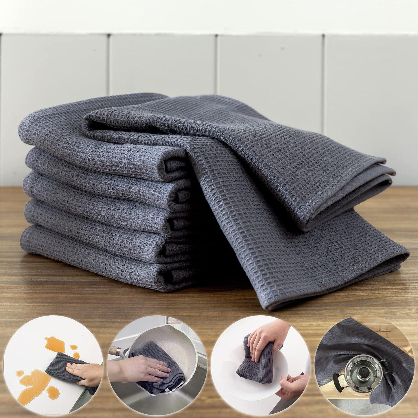 Dish Towels Set, 100% Cotton 6 Pack, Super Absorbent for Drying and Cleaning