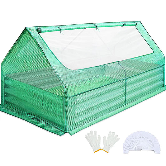 Raised Garden Bed with Cover Galvanized Metal Planter Box Kit, w/ 2 Large Screen Windows Mini Greenhouse 20pcs T Tags 1 Pair of Gloves Included for Growing Vegetables 6x3x1ft (Clear)