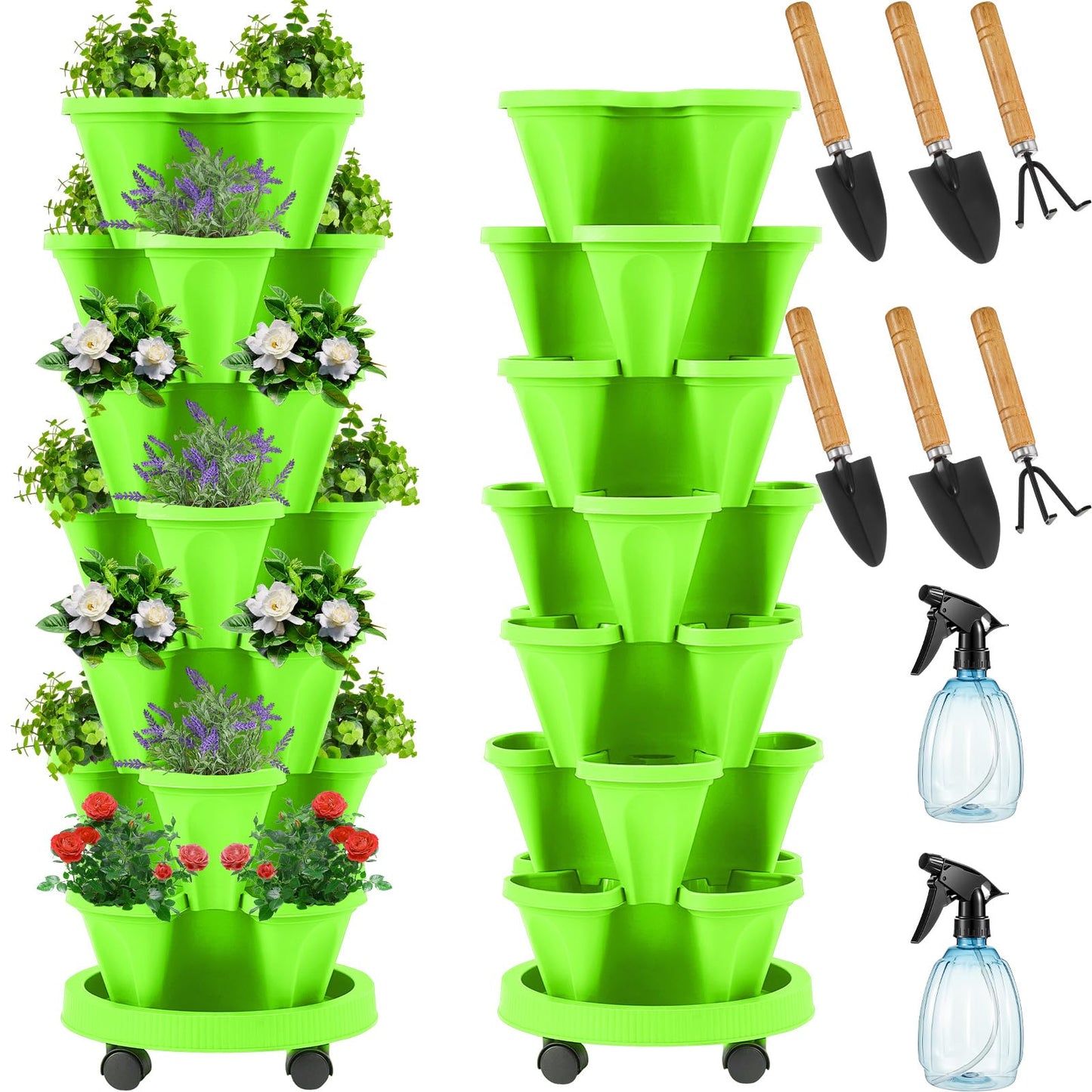 Set(2) of 7 Tier Vertical Planter Tower with Removable Wheels and Tools