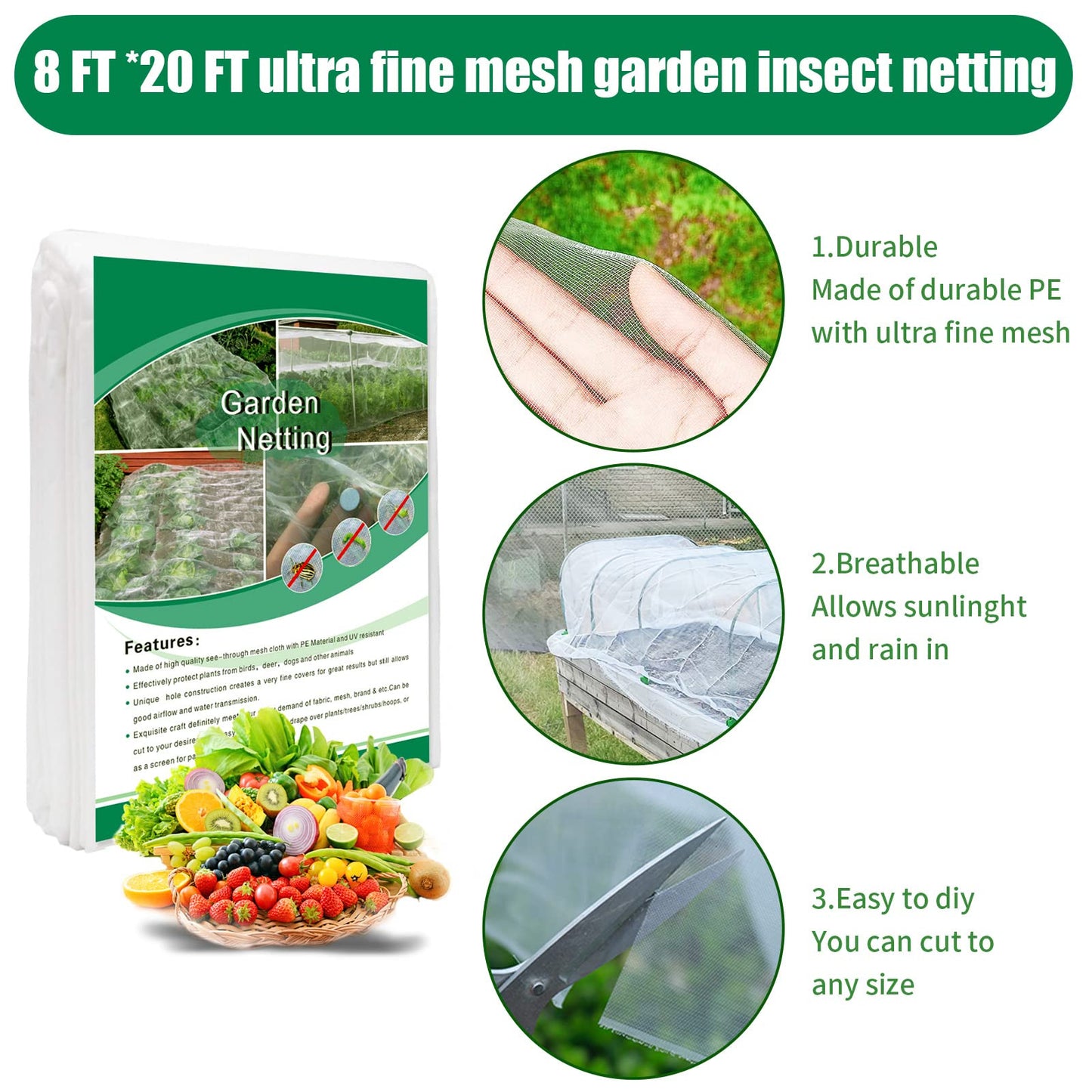 Garden Netting Kit, Garden Netting Kit for Raised Beds - 6pcs Garden Hoops with 8x20 ft Ultra Fine Garden Netting & 24 Clips, Protection Plant Covers for Greenhouse Vegetable Row Cover Bird