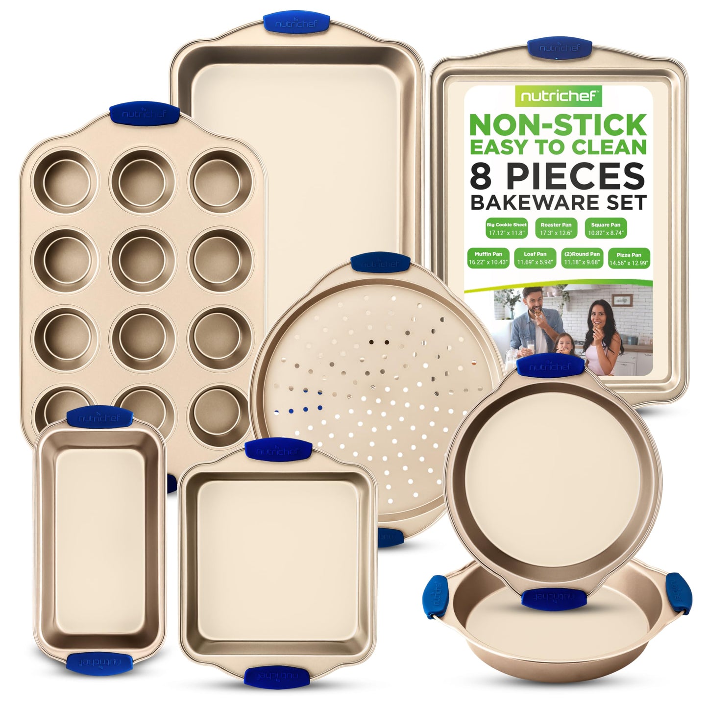 Carbon Steel Non-Toxic Nonstick Bakeware Setw/ Blue Silicone Handles - Champagne Gold