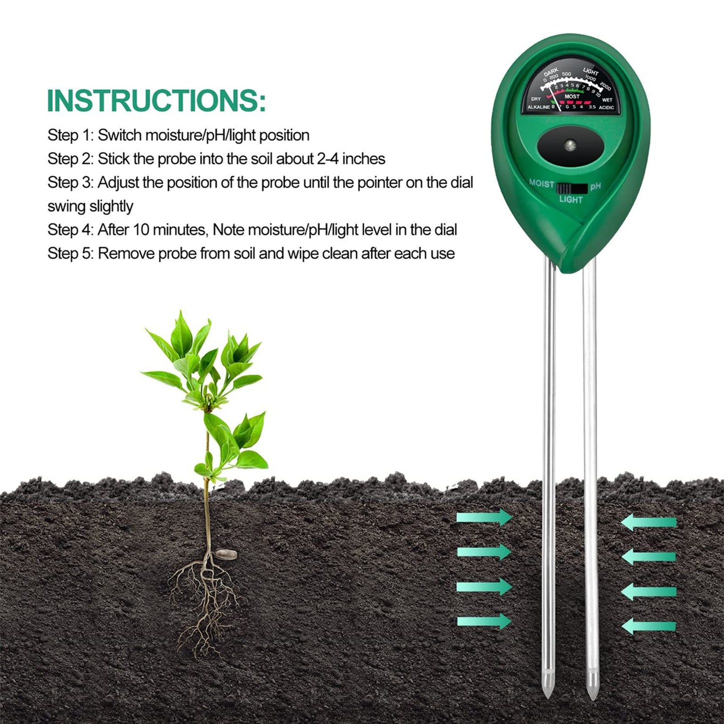 3-in-1 Soil Moisture/pH/Light Meter, Soil Test kit for Indoor & Outdoor