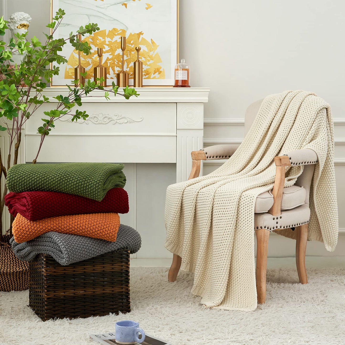 Chunky Cable Knit Throw Blanket Lightweight 100% Organic Cotton