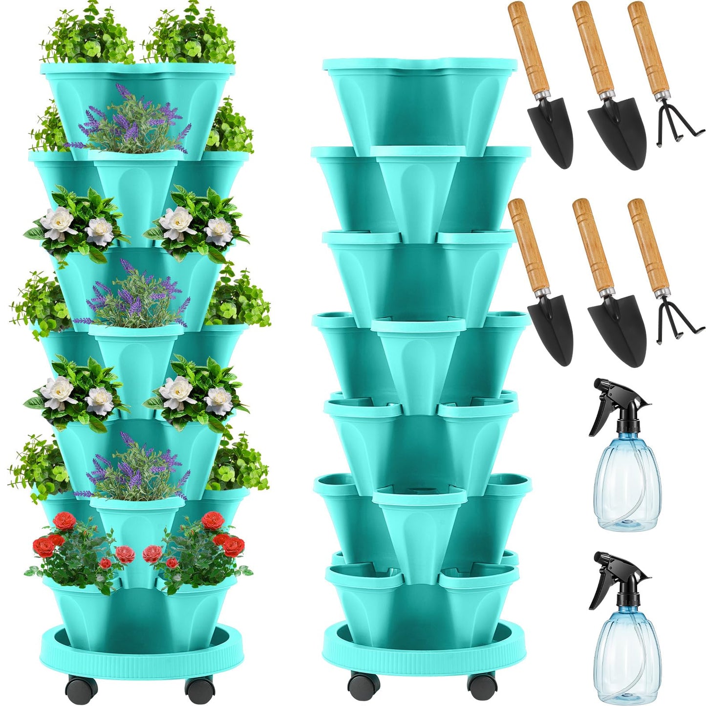 Set(2) of 7 Tier Vertical Planter Tower with Removable Wheels and Tools