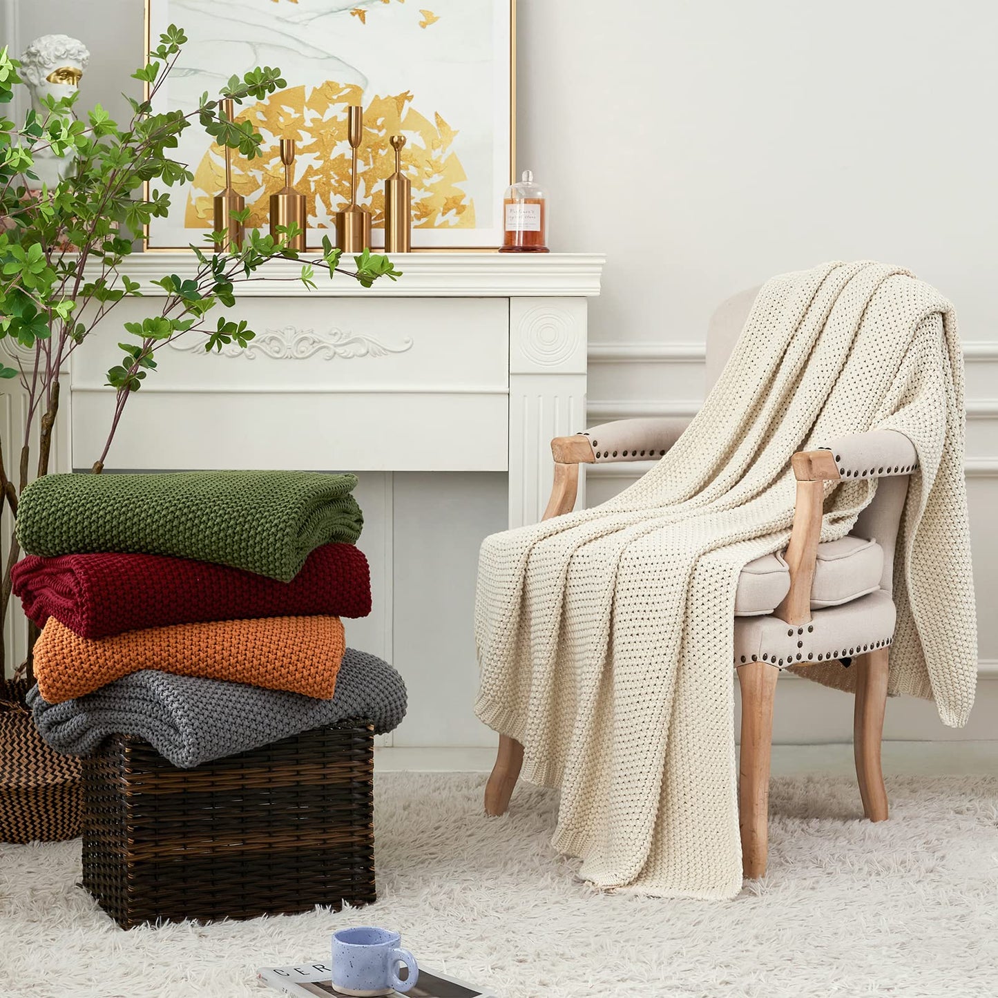 Chunky Cable Knit Throw Blanket Lightweight 100% Organic Cotton