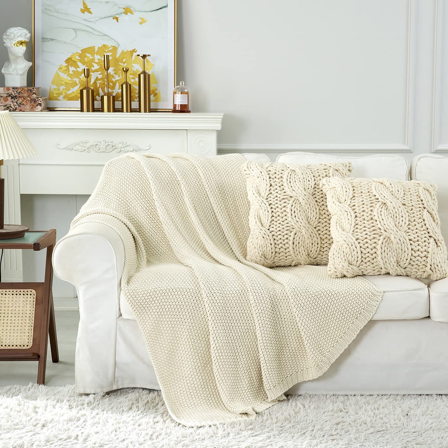 Chunky Cable Knit Throw Blanket Lightweight 100% Organic Cotton