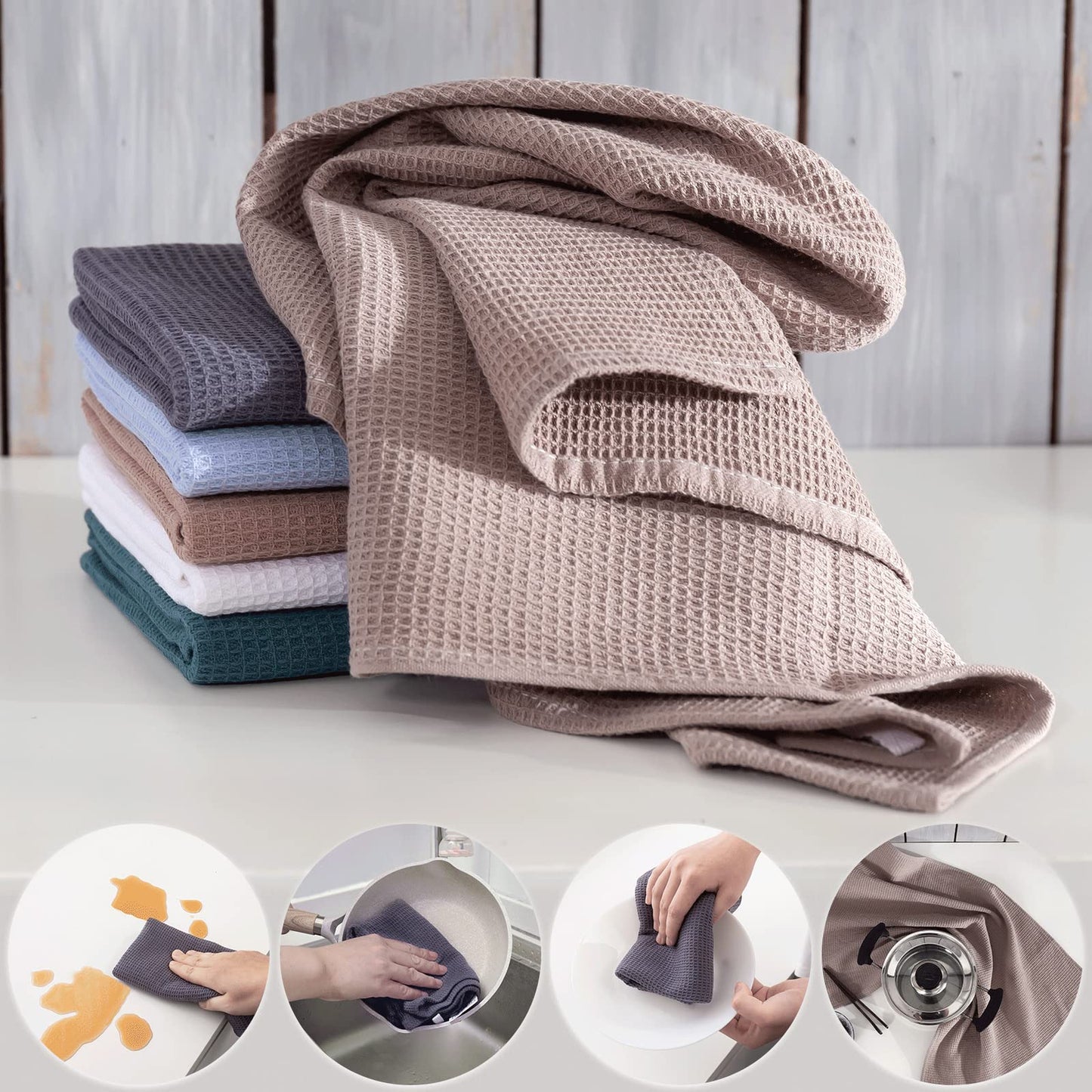 Dish Towels Set, 100% Cotton 6 Pack, Super Absorbent for Drying and Cleaning