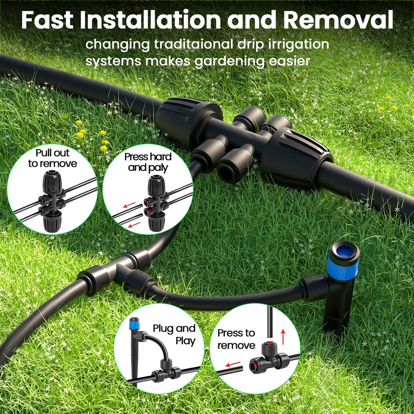 230FT Quick-Connect Drip Irrigation System Kit, with 1/4" & 1/2" Fast-Lock Tubing - Adjustable Nozzles & Sprinklers for Garden, Greenhouse, Lawn, Potted Plants