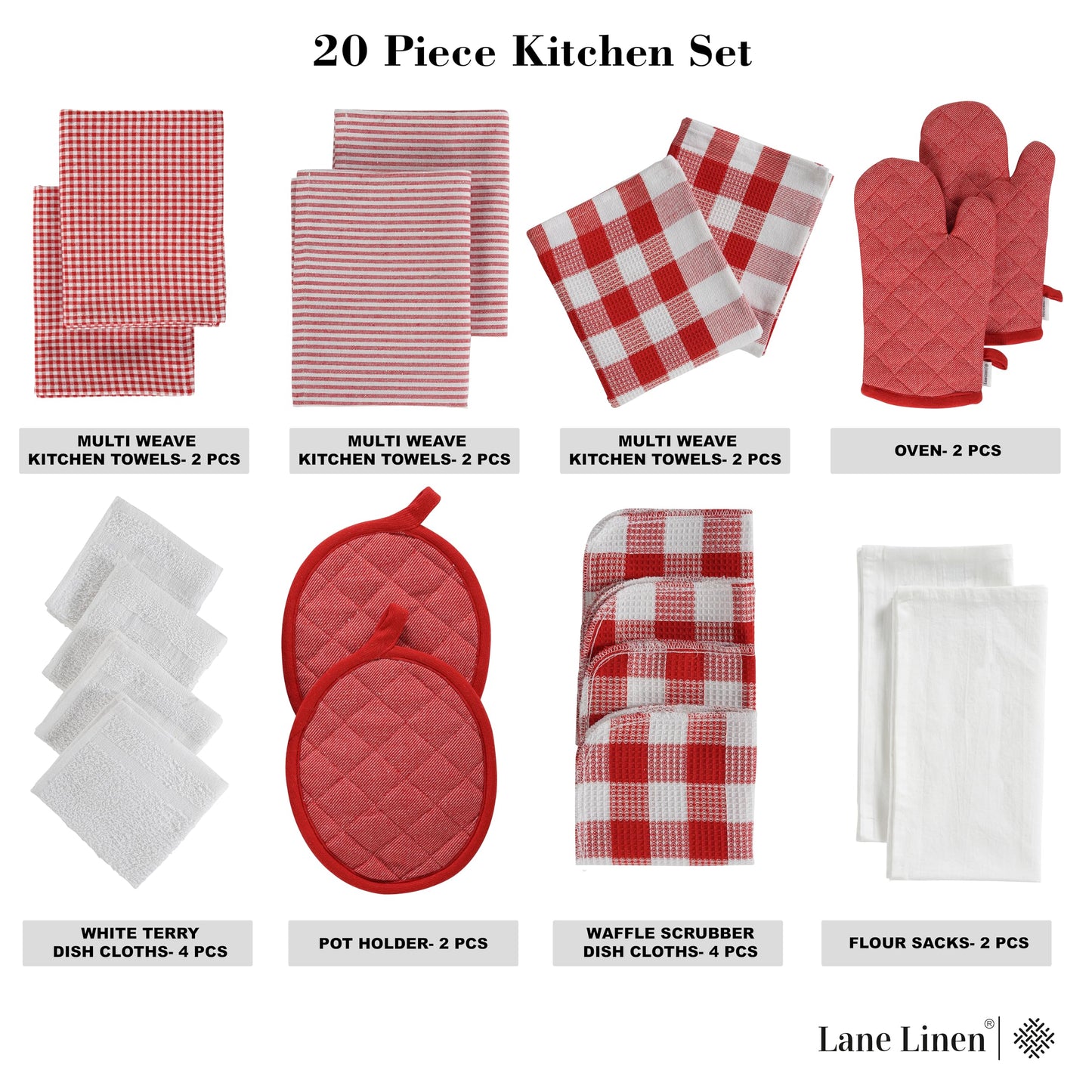 20 Pc Kitchen Towels Set, 350 Degree Heat Resistant, 100% Cotton