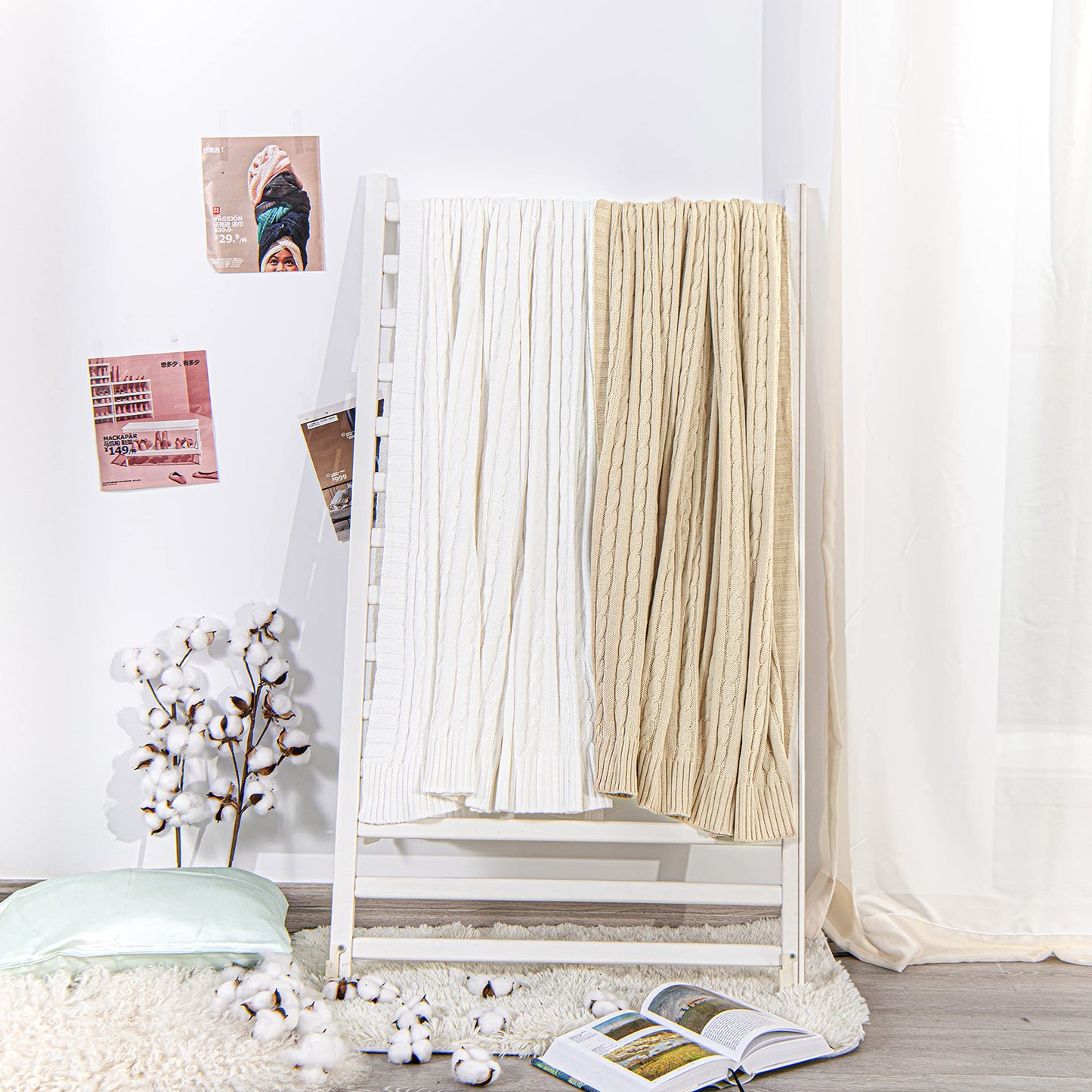 100% Pure Cotton Cable Knitted Super Soft Throw Blanket