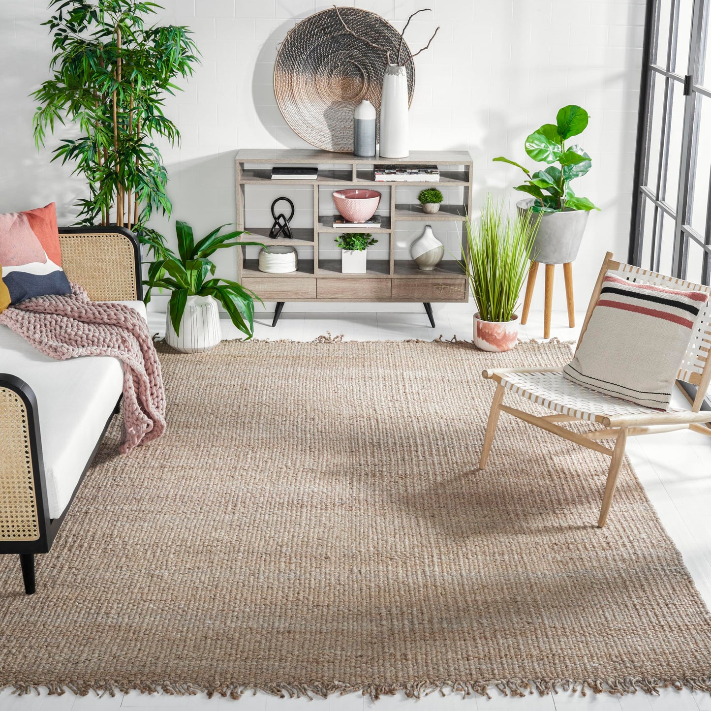 Natural Fiber Collection Area Rug - Boho Fringe Woven Jute