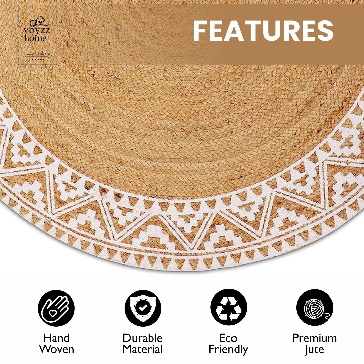 Premium Quality Jute Braided Area Rug, Stain Resistance, Natural Handmade