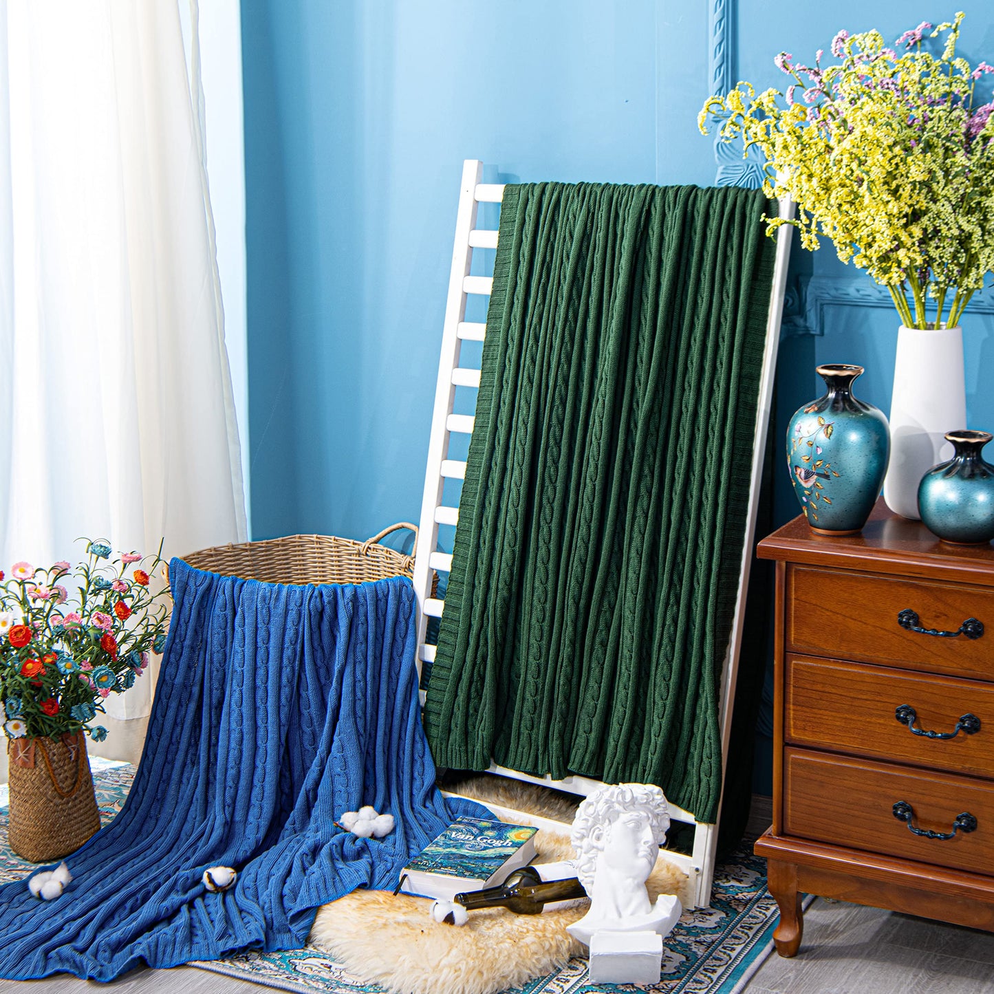 100% Pure Cotton Cable Knitted Super Soft Throw Blanket