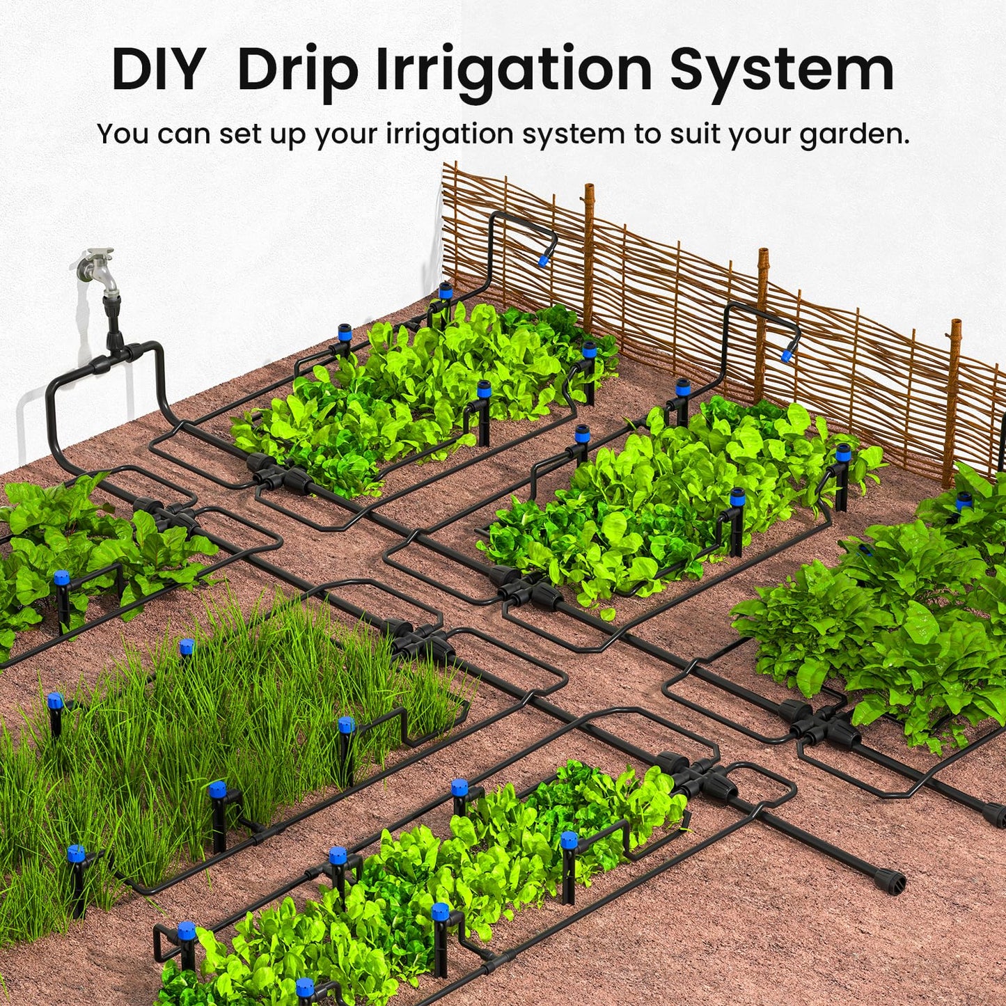 230FT Quick-Connect Drip Irrigation System Kit, with 1/4" & 1/2" Fast-Lock Tubing - Adjustable Nozzles & Sprinklers for Garden, Greenhouse, Lawn, Potted Plants