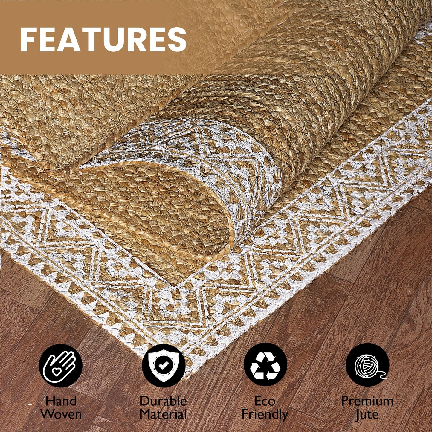 Premium Quality Jute Braided Area Rug, Stain Resistance, Natural Handmade