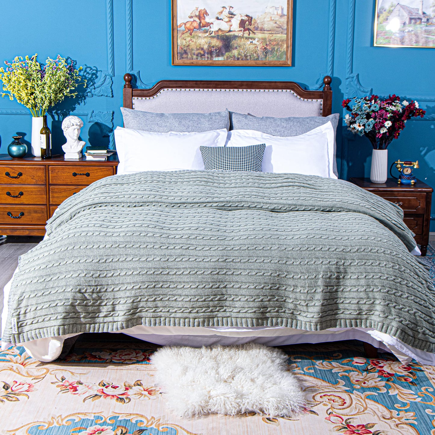 100% Pure Cotton Cable Knitted Super Soft Throw Blanket