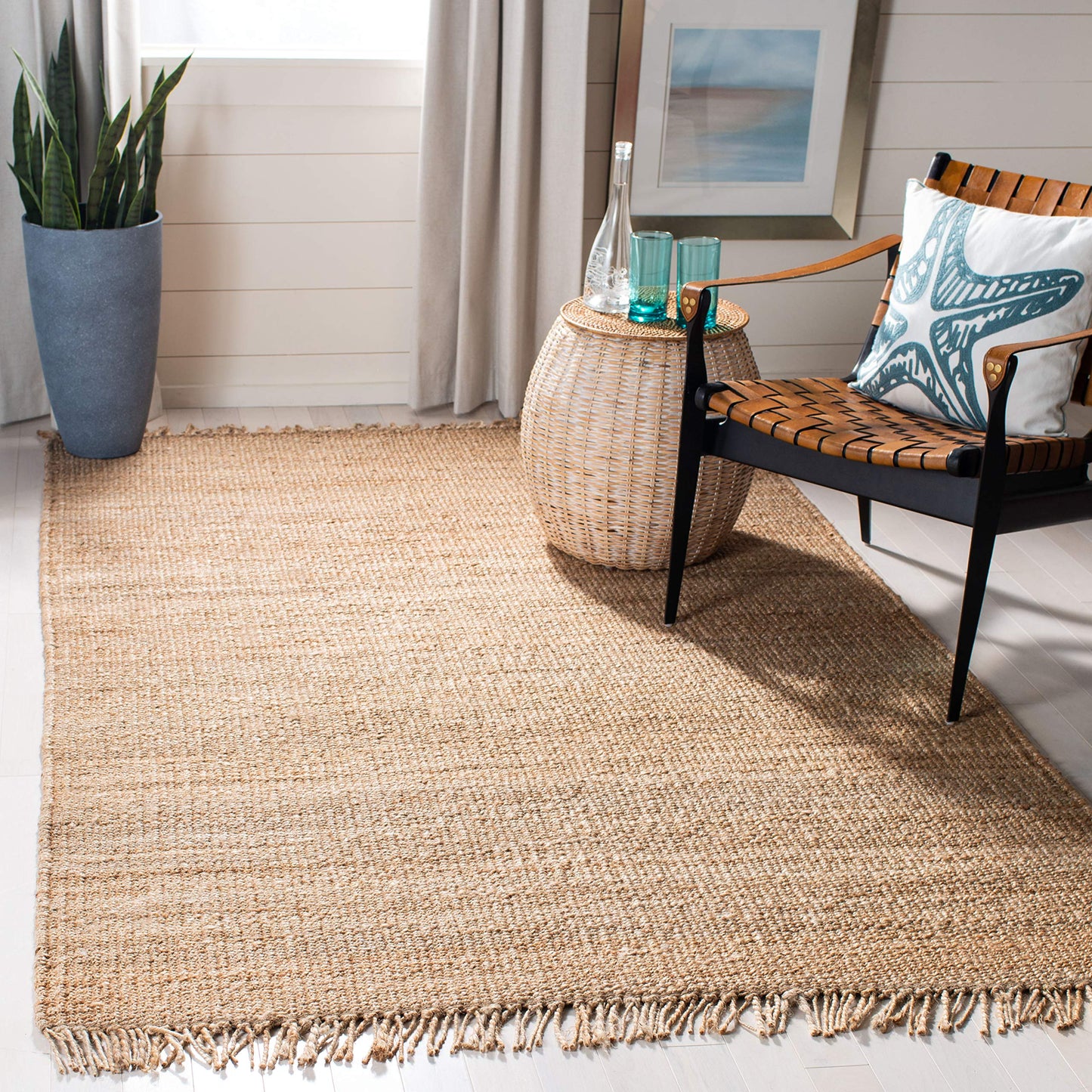 Natural Fiber Collection Area Rug - Boho Fringe Woven Jute