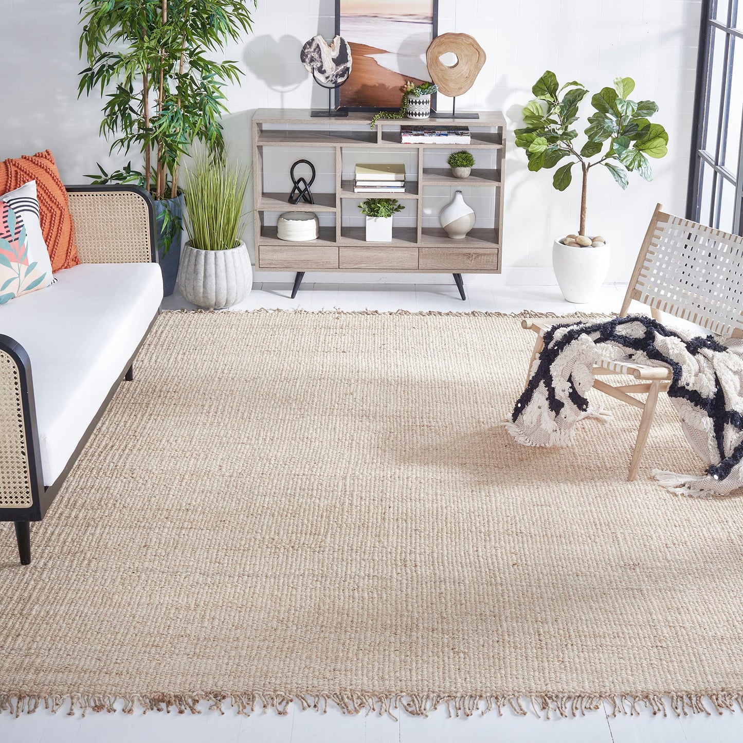 Natural Fiber Collection Area Rug - Boho Fringe Woven Jute