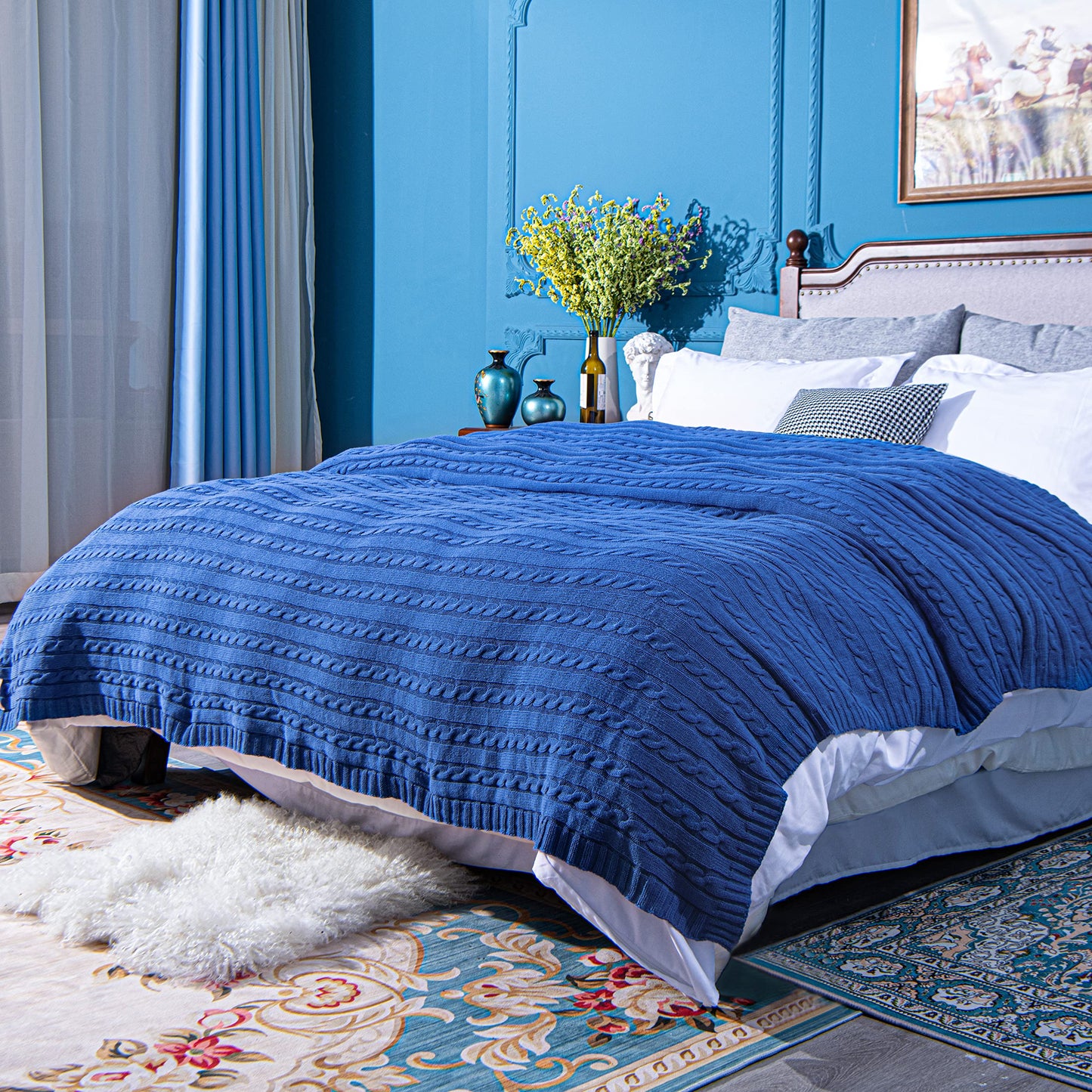 100% Pure Cotton Cable Knitted Super Soft Throw Blanket