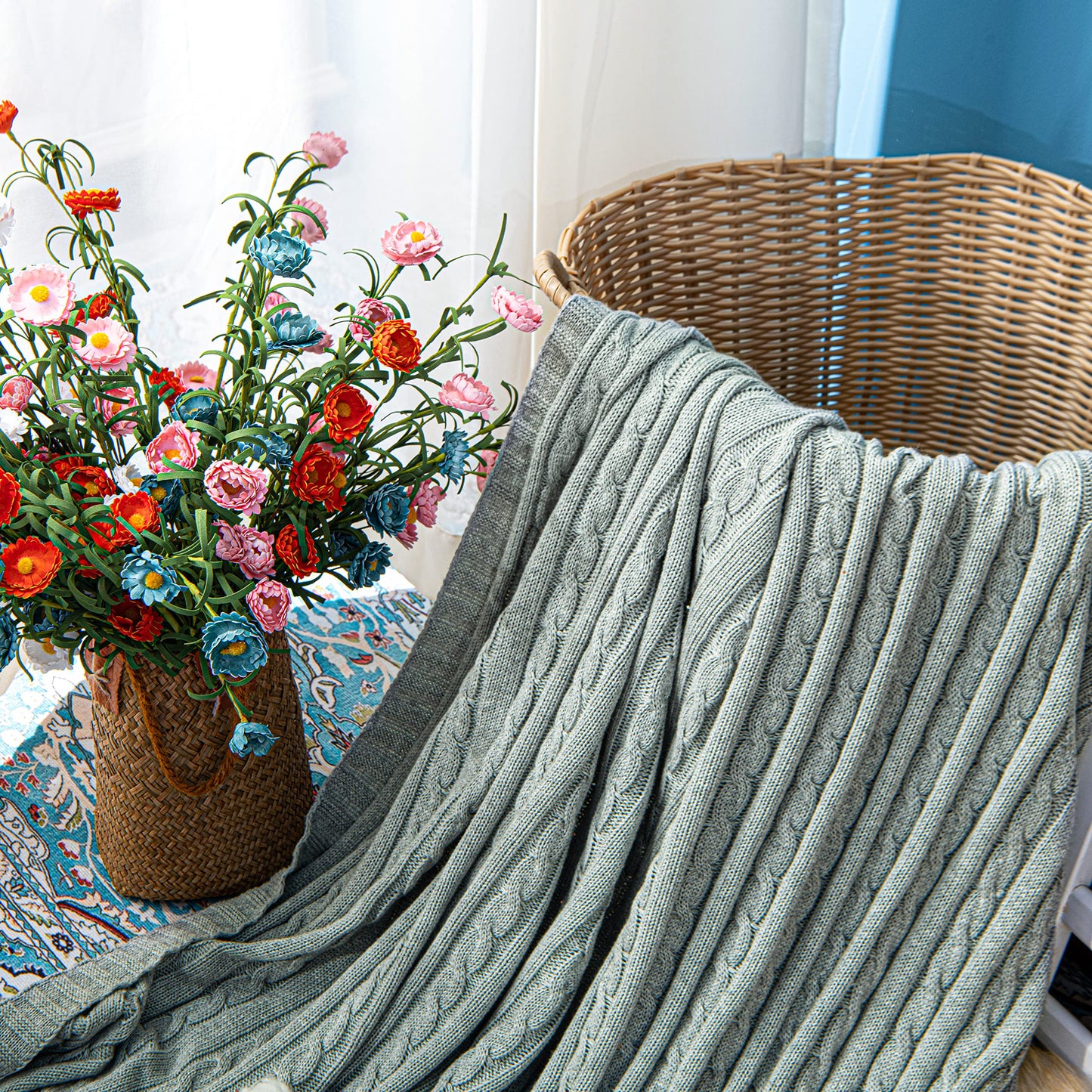 100% Pure Cotton Cable Knitted Super Soft Throw Blanket