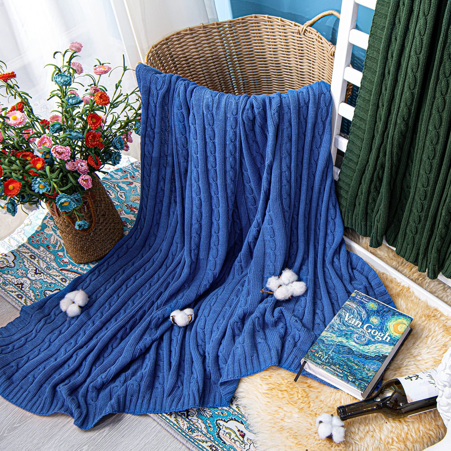 100% Pure Cotton Cable Knitted Super Soft Throw Blanket